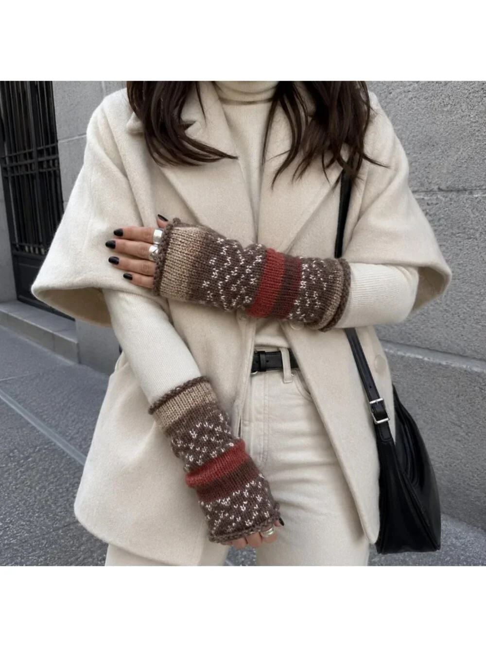 Cozy Handmade Knitted Winter Fingerless Gloves - Brown & Dark Orange Multicolor
